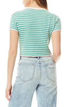 Contrast hems frame a colorful short-sleeve top featuring a stripe knit pattern. 18 1/2" length 60% cotton, 40% acrylic
 Machine wash, dry flat Imported Knit Pattern, Striped Knit, Knit Patterns, Pink And Green, Nordstrom Rack, Knit Top, Short Sleeves Tops, Sleeve Top, Nordstrom