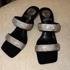 The Vince Camuto Aslee2 Has Sparkling Crystals That Illuminate The Slim Straps Of A Minimalist Slide Sandal Lifted By A Chunky Flared Heel And Furnished With A Comfortably Cushioned Footbed. Sku: #9631279 Straps For Secure Fit. Cushioned Footbed For All Day Comfort. Square Toe With Flared Heel. Embellished Strap With Crystals. Open Toe And Back Heel. Textile Upper. Synthetic Lining. Leather Outsole. Made In Brazil. Please Note That Measurements May Vary By Size. Measurements: Heel Height: 2 34 I Sparkle High Heels, Dress Mules, Floral Heels, Black Platform Heels, Patent Heels, Wrap Heels, Ankle Strap Pumps, Black Sandals Heels, Leather Block Heels