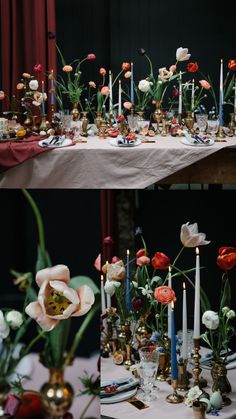 the table is set with many different flowers and candles in vases, along with other decorations