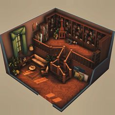 an overhead view of a living room with bookshelves