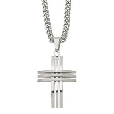 Display your faith in a unique way whenever you wear this stainless steel cross pendant. Display your faith in a unique way whenever you wear this stainless steel cross pendant. Pendant size: 50 mm x 25 mm Chain length: 24 in. Chain type: curb Chain width: 4 mm Metal: stainless steel Finish: polished Packaging: boxed Please note, due to the high value of this item, a signature may be required upon delivery. Size: One Size. Color: White. Gender: male. Age Group: adult. Silver Stainless Steel Cross Pendant Necklace, Minimalist Stainless Steel Cross Pendant Necklace, Silver Stainless Steel Cross Necklace, Modern Stainless Steel Cross Necklace For Gift, Modern Stainless Steel Cross Pendant Necklace, Modern Stainless Steel Cross Jewelry, Modern Silver Cross Pendant Necklace, Pendant Display, Stainless Steel Cross Pendant