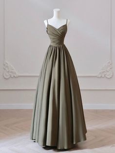 Beautiful A Line Dresses, Prom Dress Olive Green, Elegant Dresses Green, Olive Prom Dress, A Line V Neck Dress, V Neck Satin Dress, Long Dresses Formal, Elegant Green Dress, Olive Green Prom Dress