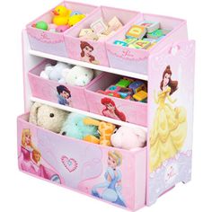 the toy organizer is pink with princesses on it