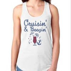 "Cruise vacation Tank or T-shirt. Cruising and Boozing cruise Vacation flowy racerback tank. Drink is made with glitterflake vinyl. Glitter is very shimmery and does not come off! Can be made without glitter upon request. If ordering a unisex shirt- we still assume it's for a woman unless specified for a guy, or it says no glitter. See photos for sizing, LADIES TANKS AND TEES RUN SMALL IN THE CHEST, WE RECOMMEND ORDERING UP ONE SIZE. See our similar listing with wine glasses https://www.etsy.com White Crew Neck Tank Top For Vacation, Sleeveless Cotton Tops For Vacation, Sleeveless Graphic Print T-shirt For Vacation, White Casual Tops For Vacation, Summer Crew Neck Tank Top, White Crew Neck Top For Vacation, Cruise Vacation Shirts, Womens Tank Top, Cruise Shirt