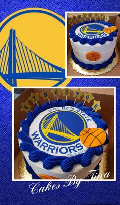 the golden state warriors cake is decorated with blue icing