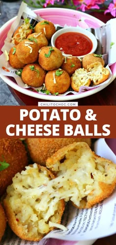 potato and cheese balls with dipping sauce on the side