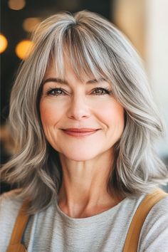 Silver Layers with Bangs Hairstyle on an older woman with gray hair. Short Gray Hairstyles, Gray Hairstyles For Women, Gray Hairstyles, Textured Layers, Layered Bob Haircuts, Gray Hair Cuts, Short Grey Hair, Shag Hairstyles