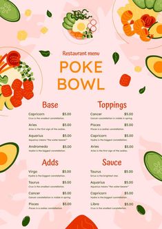 the menu for poke bowl is displayed on a pink background with avocados and other vegetables