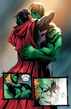 an image of a comic book page with hulk and thor hugging each other's shoulders