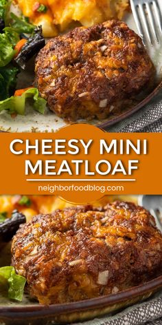 cheesy mini meatloaf on a plate with salad