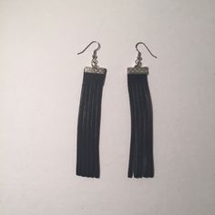 -Leather Fringe -Black -Sliver hook and closure  -Drop earring -3 inches long -Handmade -Made as in picture Party Leather Dangle Earrings, Leather Dangle Jewelry For Party, Party Leather Dangle Jewelry, Black Leather Drop Earrings, Elegant Black Leather Earrings, Silver Leather Dangle Earrings, Leather Fringe Earrings, Leather Fringe, Fringe Earrings