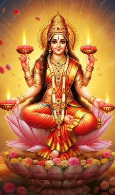 the hindu god sitting on top of a lotus with two candles in his hand and surrounded by