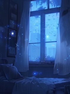 a bed sitting next to a window in a bedroom under a blue sky filled with stars