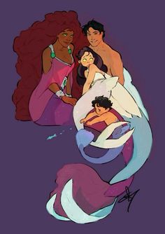 the little mermaid and her friends are sitting on top of each other