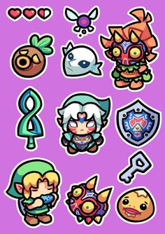 some stickers that are on the back of a purple background, with different types of characters