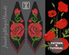 two red flowers are next to each other on a black background and the pattern is made out of perler beads