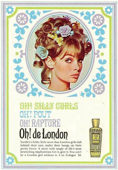 an advertisement for old london perfumes with a woman's face and flowers in her hair