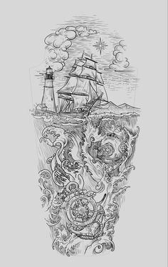 a drawing of a ship sailing in the ocean with an octopus on it's side