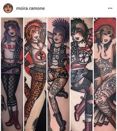 some very pretty tattoos on someones arm and leg in different colors, with the same woman