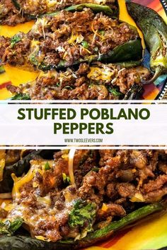 stuffed poblano peppers on a colorful plate with text overlay that reads stuffed poblano peppers