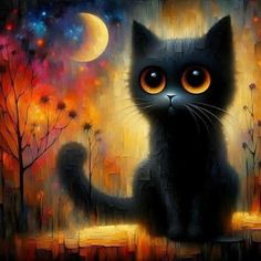 a painting of a black cat sitting in front of a full moon