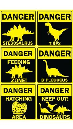 yellow and black danger signs with different types of dinosaurs on them, including an image of a