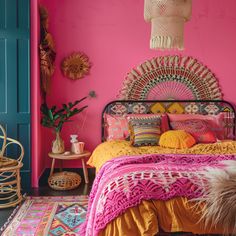 Orange Boho Bedroom, Pink And Orange Bedroom, Pink Boho Bedroom, Teal And Pink Bedroom, Artistic Lifestyle, Vista House, Boho Space