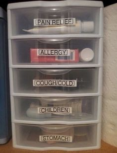 the drawers are labeled with allergys and children's products