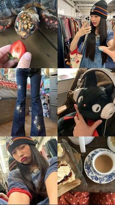 a collage of photos with people shopping and eating food in the store, one woman is holding a stuffed animal