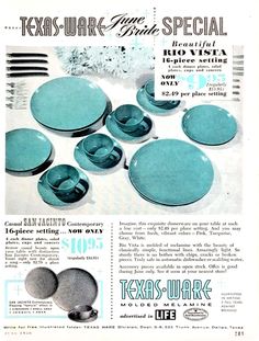 an advertisement for texas ware from the 1950's with blue plates and silverware