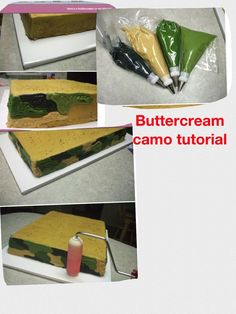 four pictures showing how to make a buttercream camo cake