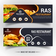 two restaurant banners with different food items on the front and back, one for fast food