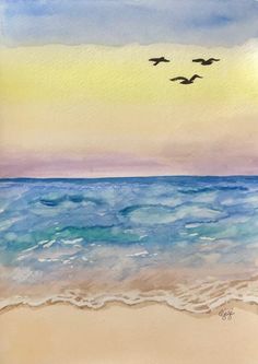 watercolor painting of birds flying over the ocean