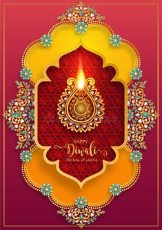 happy diwali festival greeting card with candle and floral decoration on red background royalty illustration