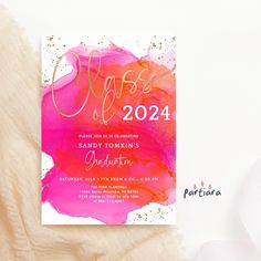 a pink and gold graduation party card with the words class of 2024 on it