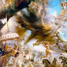 an artistic painting with people and animals in the sky, including two men on horses