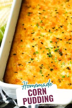 homemade corn pudding in a white casserole dish