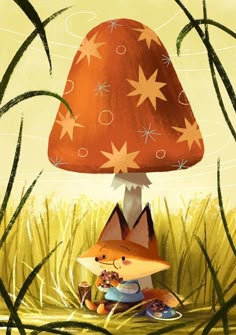 a painting of a fox under a mushroom with stars on it's hat eating food