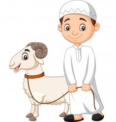 a boy with a goat on a white background for eid al adhaj