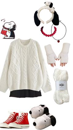 a white sweater, red and black converse sneakers, an earring necklace, two pairs of socks, a pair of red and white knitted mittens