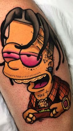 a cartoon character with pink glasses on his face is depicted in this tattoo art piece