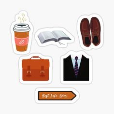 various stickers with different items such as coffee, book, and shoes on them