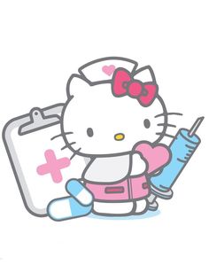 a hello kitty nurse holding a syringe next to a clipboard