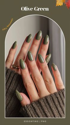 Elevate your fall look with Olive Green nails! 🌿 This muted yet sophisticated shade is the perfect versatile choice for autumn, offering a fresh alternative to traditional fall colors. Whether you're heading to a cozy gathering or a chic event, Olive Green nails bring a touch of nature-inspired elegance to your style. Discover how this trending nail color can be your go-to for the season! #FallNails #OliveGreen #NailTrends #AutumnBeauty #NailInspiration Autumn Color For Nails, Green Fall Color Nails, Gel Nail Green Colors, September Green Nails, Muted Autumn Nails, Fall To Winter Transition Nails, Autumn Nails 2024 Green, Fall Nails 2024 Green, Fall Nail Green