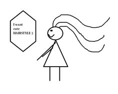 a drawing of a woman with long hair standing in front of a hexagonal sign that says i want cute hairstyle