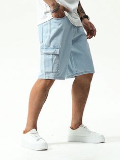 Light Wash  Collar  Denim Plain Bermuda Embellished Non-Stretch  Men Clothing Blue Cargo Pocket Jean Shorts For Summer, Summer Cargo Jeans In Denim Blue With Side Pockets, Casual Blue Jean Shorts With Side Pockets, Blue Casual Jean Shorts With Side Pockets, Casual Light Blue Jean Shorts With Pockets, Summer Light Wash Cargo Jeans, Denim Cargo Shorts Casual, Denim Blue Shorts With Side Pockets For Summer, Summer Short Cargo Jeans In Denim