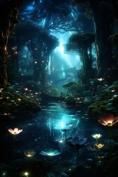 an image of a forest with flowers in the water and lights shining on the trees