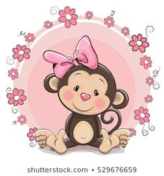 a cartoon monkey with a pink bow on its head sitting in front of some flowers