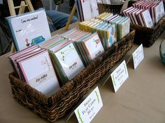 many cards are on display in a wicker basket