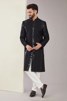 Black silk thread embroidered stripe patterned sherwani highlighted by sequinwork. - Aza Fashions Sherwani For Men Wedding, Embroidered Sherwani, Sherwani For Men, Luxury Sale, Black Thread, Fashion App, Silk Thread, Modern Bride, Embroidered Silk